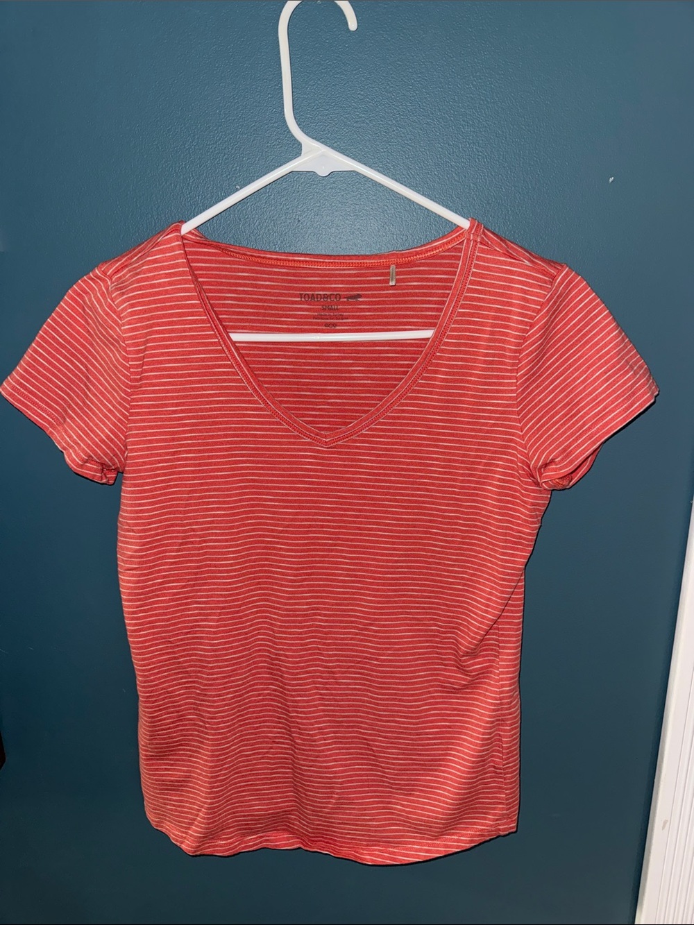 Toad&Co Coral & White Striped V-Neck Short Sleeve Tee